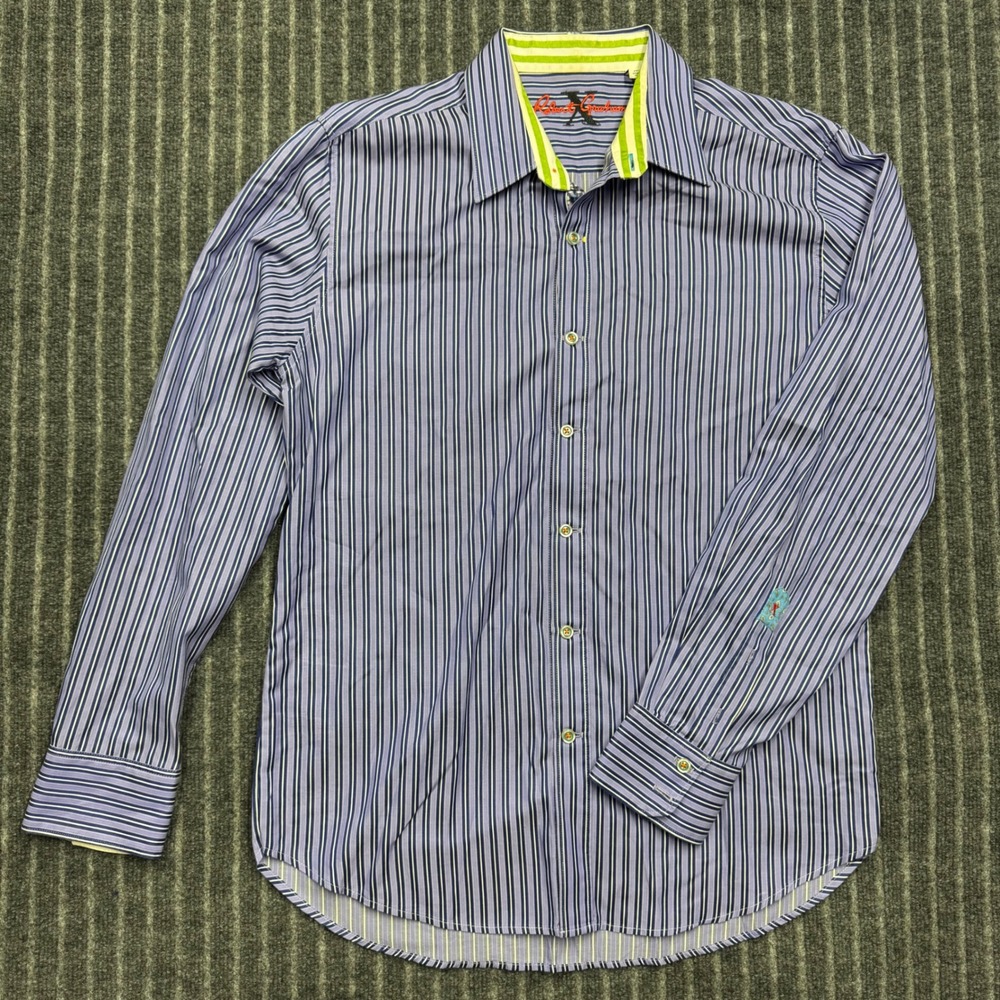 Robert Graham Mens Button Down Shirt XL Purple Blue Striped Tailored Fit Long
